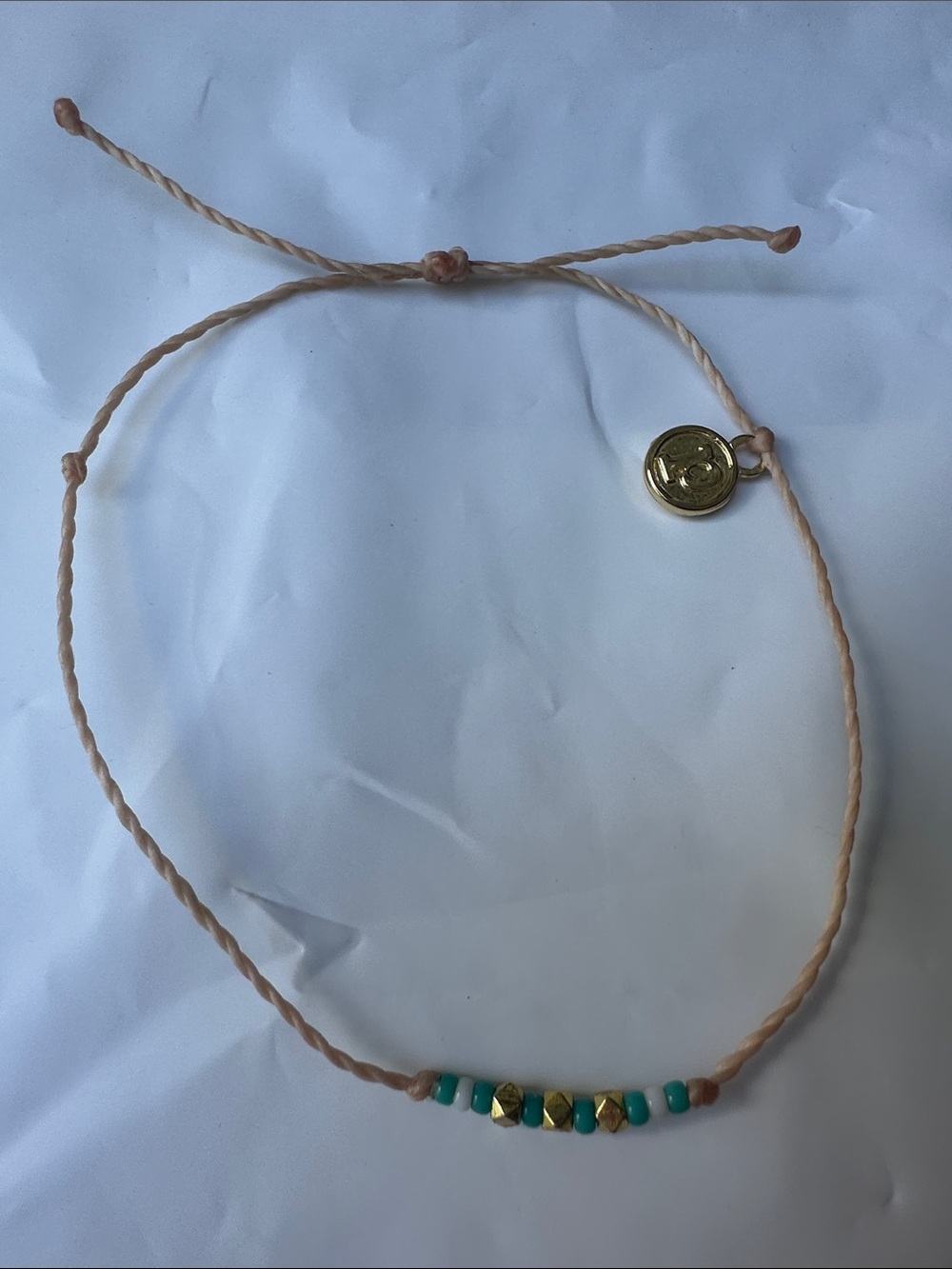 NWOT Pura Vida Cream Cord Bracelet with Turquoise, Gold & White Beads